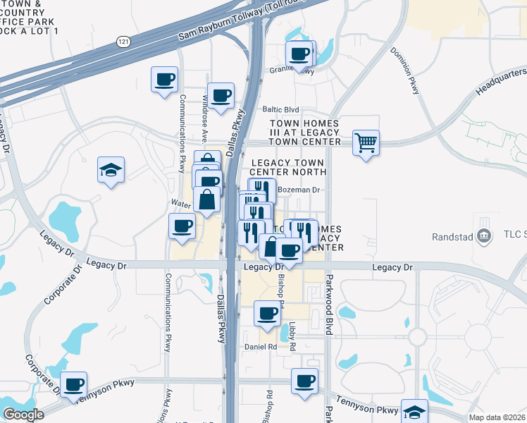 map of restaurants, bars, coffee shops, grocery stores, and more near 5840 Legacy Circle in Plano