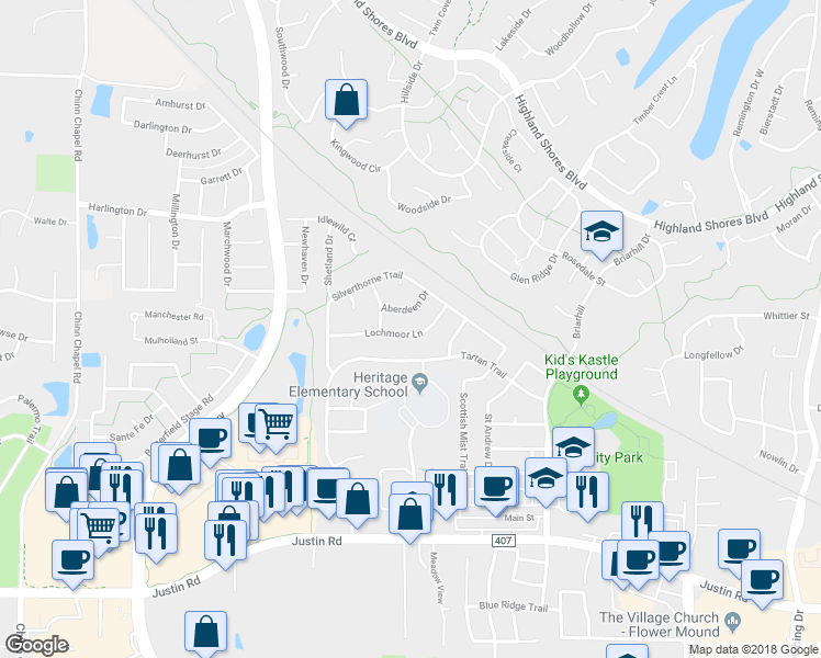 map of restaurants, bars, coffee shops, grocery stores, and more near 824 Lochmoor Lane in Highland Village