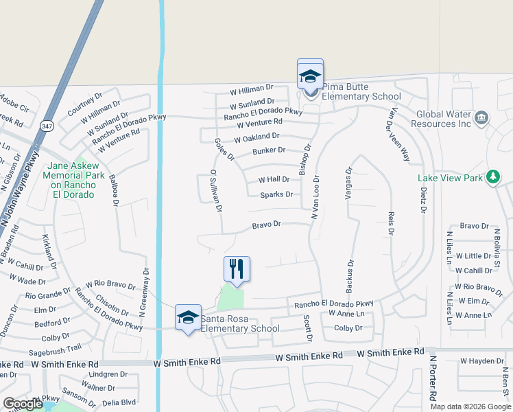 map of restaurants, bars, coffee shops, grocery stores, and more near 42521 Sparks Court in Maricopa