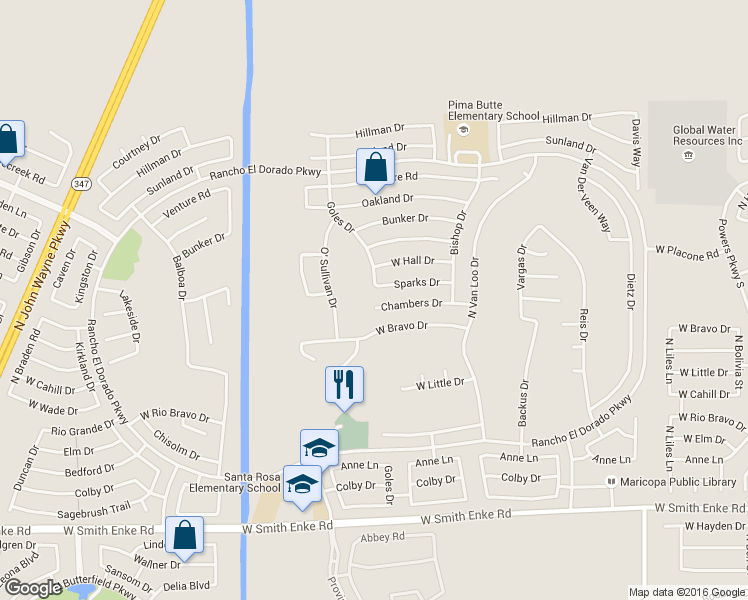 map of restaurants, bars, coffee shops, grocery stores, and more near 42574 West Chambers Drive in Maricopa