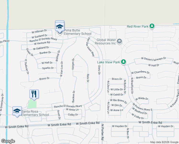 map of restaurants, bars, coffee shops, grocery stores, and more near 22107 Reis Drive in Maricopa