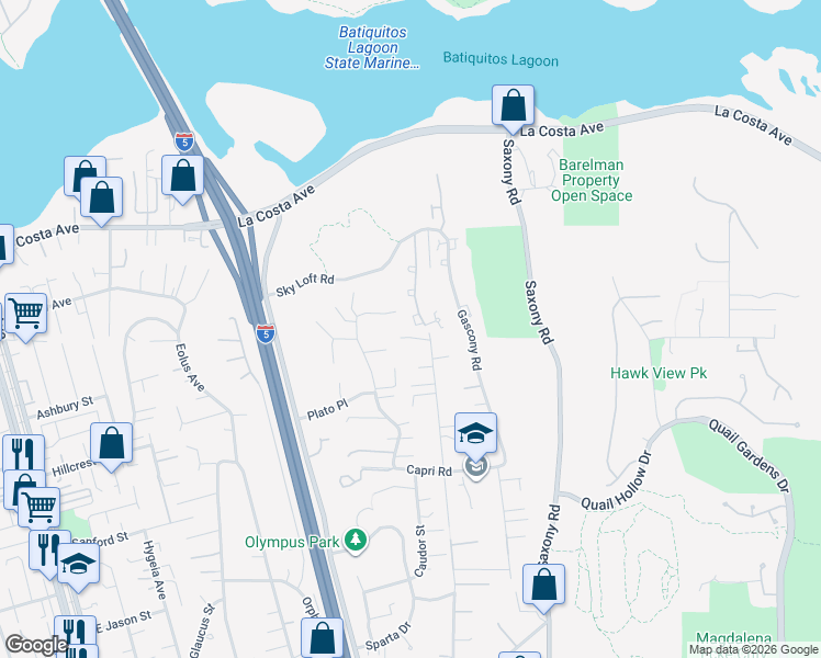 map of restaurants, bars, coffee shops, grocery stores, and more near 1718 Burgundy Road in Encinitas