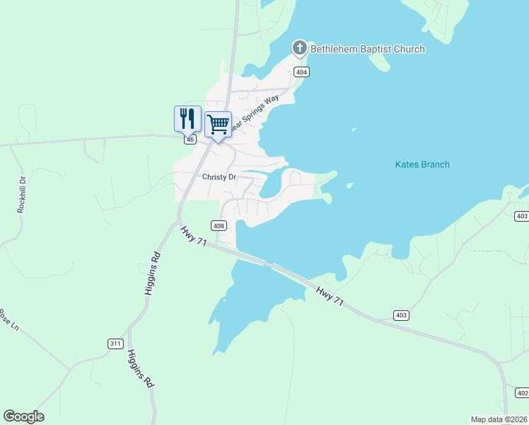 map of restaurants, bars, coffee shops, grocery stores, and more near 310 County Road 408 in Shelby