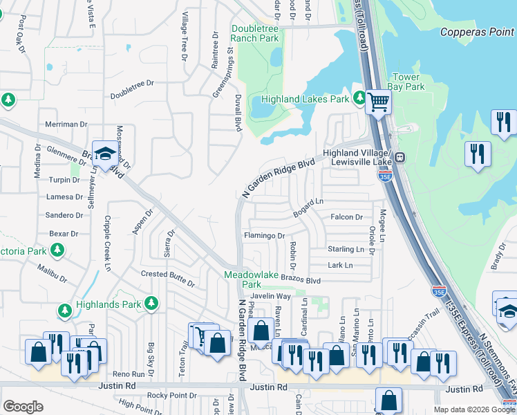 map of restaurants, bars, coffee shops, grocery stores, and more near 1417 Primrose Lane in Lewisville