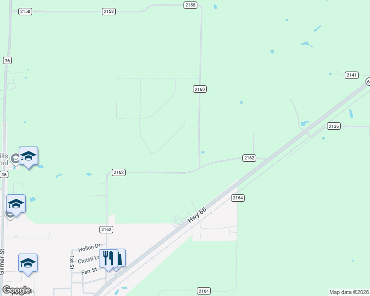 map of restaurants, bars, coffee shops, grocery stores, and more near 2160 County Road 2162 in Caddo Mills
