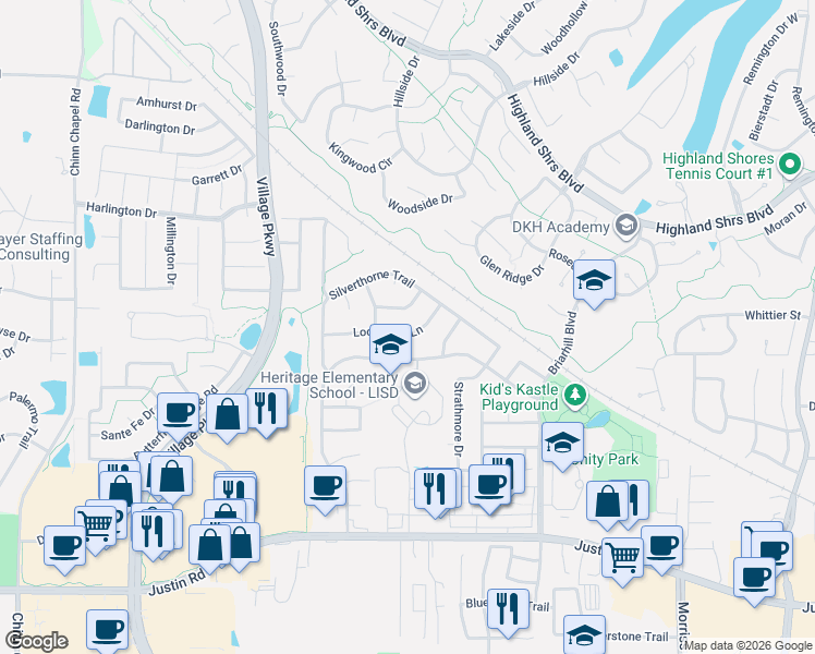 map of restaurants, bars, coffee shops, grocery stores, and more near 835 Aberdeen Drive in Highland Village