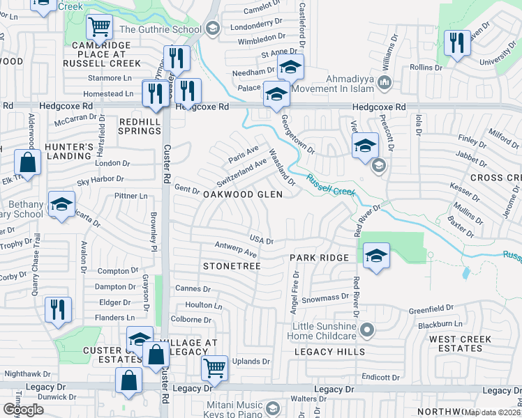 map of restaurants, bars, coffee shops, grocery stores, and more near 7600 England Drive in Plano