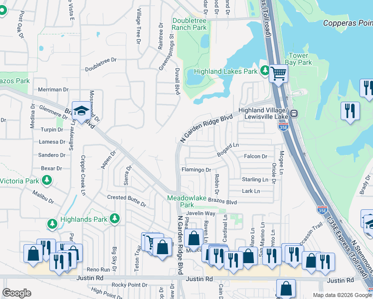 map of restaurants, bars, coffee shops, grocery stores, and more near 1417 Primrose Lane in Lewisville