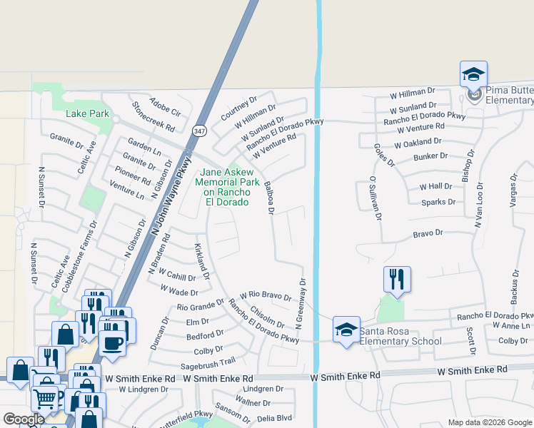 map of restaurants, bars, coffee shops, grocery stores, and more near 22154 Balboa Drive in Maricopa