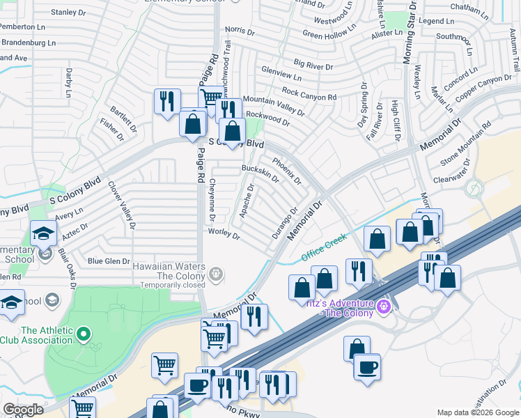 map of restaurants, bars, coffee shops, grocery stores, and more near 5512 Longhorn Drive in The Colony