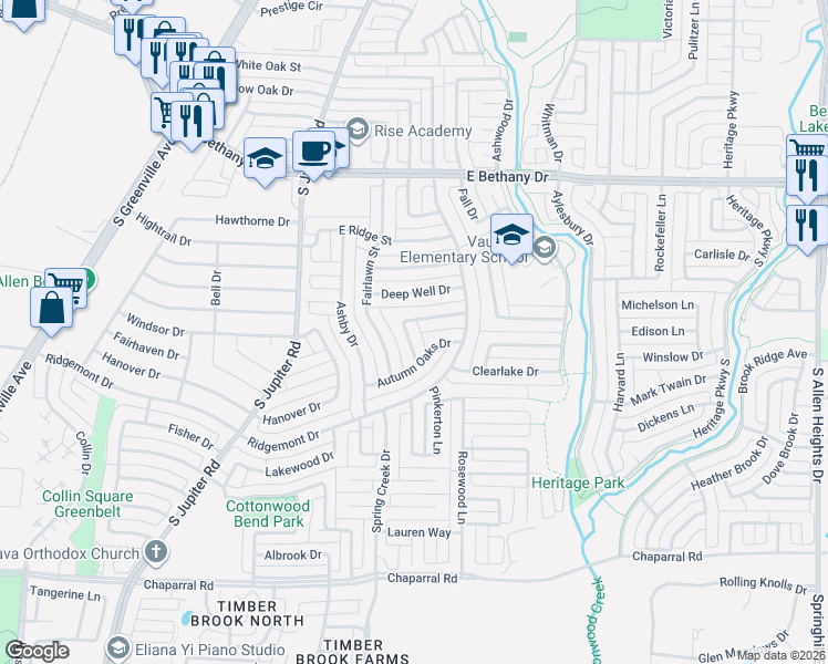 map of restaurants, bars, coffee shops, grocery stores, and more near 726 Bent Creek Drive in Allen