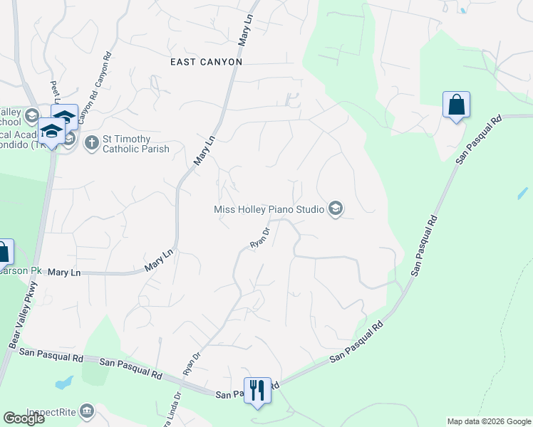 map of restaurants, bars, coffee shops, grocery stores, and more near 3131 Ryan Drive in Escondido
