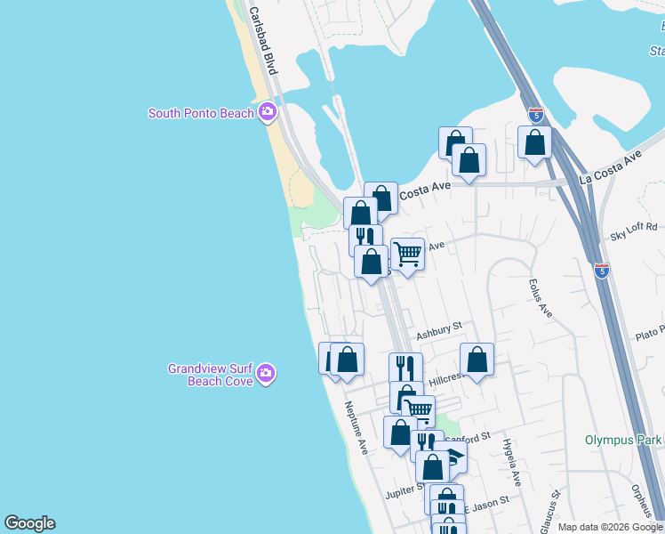 map of restaurants, bars, coffee shops, grocery stores, and more near 1844 Haymarket Road in Encinitas