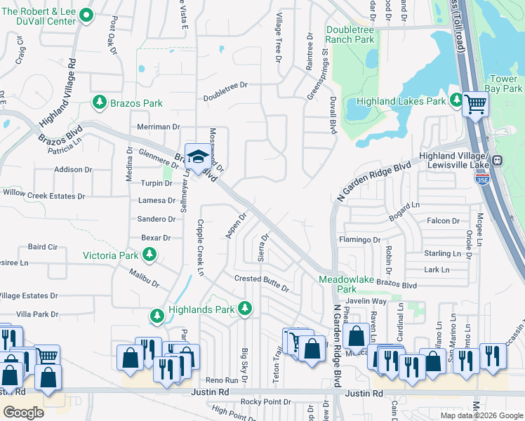 map of restaurants, bars, coffee shops, grocery stores, and more near 2039 Aspen Place in Lewisville