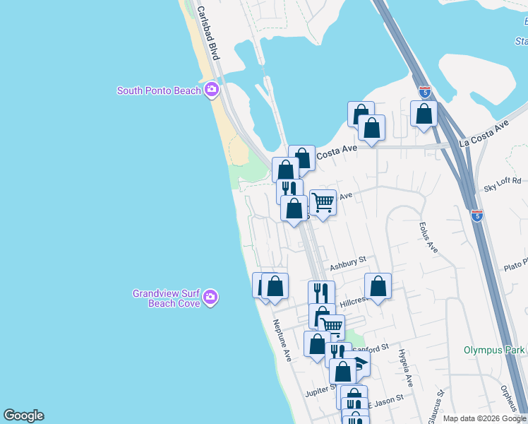 map of restaurants, bars, coffee shops, grocery stores, and more near 1844 Haymarket Road in Encinitas
