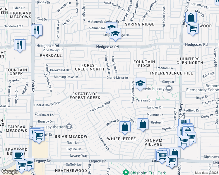 map of restaurants, bars, coffee shops, grocery stores, and more near 3444 Old Manse Court in Plano