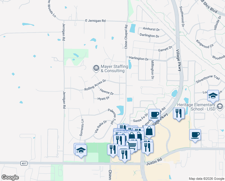 map of restaurants, bars, coffee shops, grocery stores, and more near 815 Hawse Drive in Lewisville