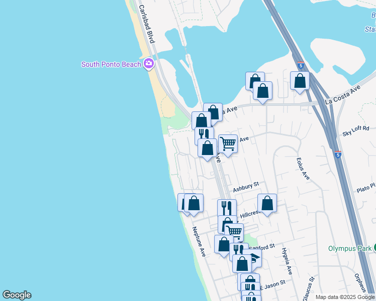 map of restaurants, bars, coffee shops, grocery stores, and more near 1842 Haymarket Road in Encinitas