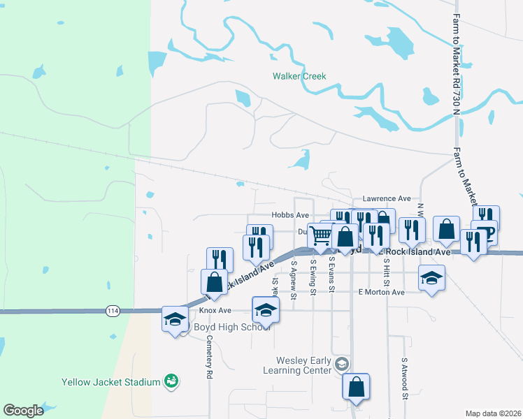 map of restaurants, bars, coffee shops, grocery stores, and more near 447 Hobbs Avenue in Boyd