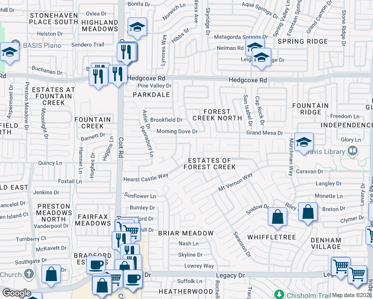 map of restaurants, bars, coffee shops, grocery stores, and more near 7616 Peach Blossom Drive in Plano