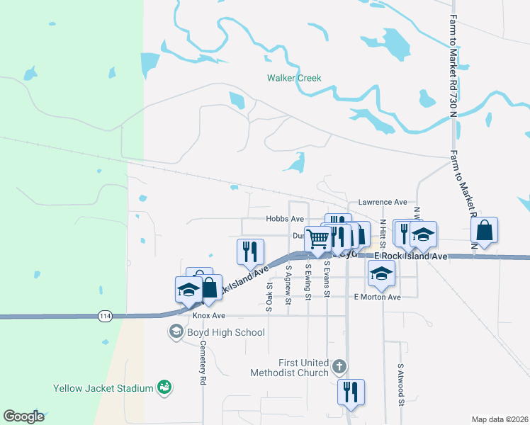 map of restaurants, bars, coffee shops, grocery stores, and more near 447 Hobbs Avenue in Boyd