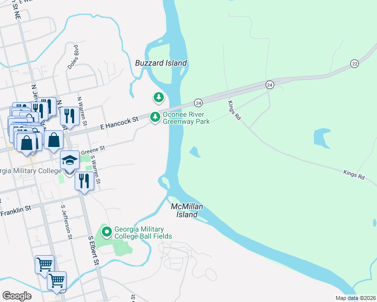 map of restaurants, bars, coffee shops, grocery stores, and more near 150 Old River Bridge Road Southeast in Milledgeville