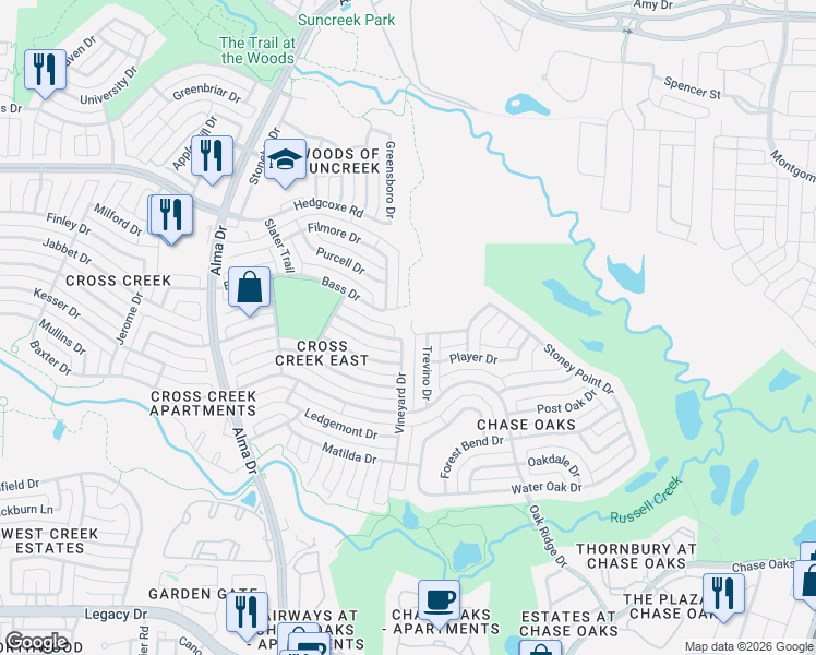 map of restaurants, bars, coffee shops, grocery stores, and more near 7800 Roberta Drive in Plano
