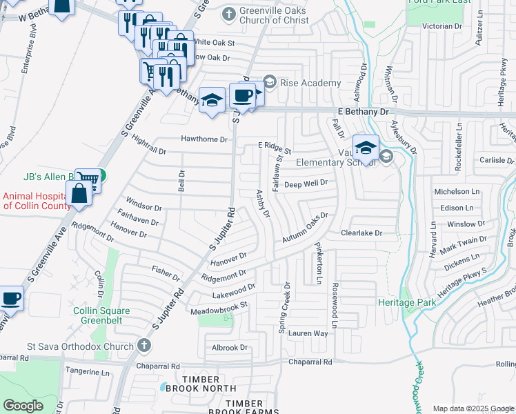 map of restaurants, bars, coffee shops, grocery stores, and more near 1004 Ashby Drive in Allen