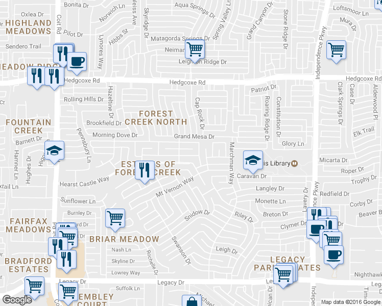 map of restaurants, bars, coffee shops, grocery stores, and more near 3444 Old Manse Court in Plano