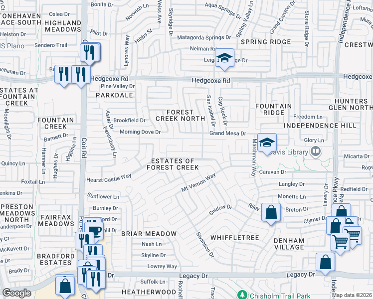 map of restaurants, bars, coffee shops, grocery stores, and more near 7640 Twelve Oaks Circle in Plano