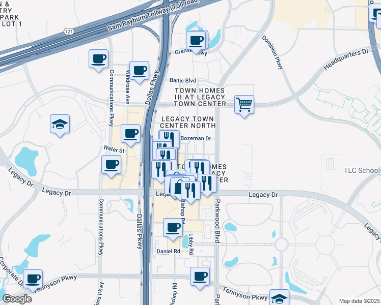 map of restaurants, bars, coffee shops, grocery stores, and more near 7620 Hathaway Parkway in Plano