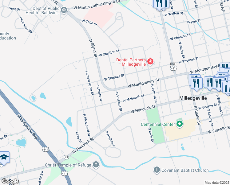 map of restaurants, bars, coffee shops, grocery stores, and more near 940 West Montgomery Street in Milledgeville