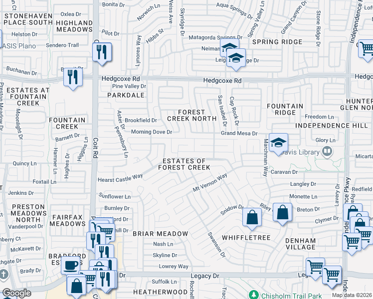 map of restaurants, bars, coffee shops, grocery stores, and more near 7640 Twelve Oaks Circle in Plano