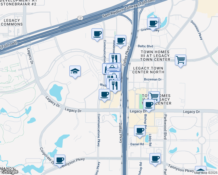 map of restaurants, bars, coffee shops, grocery stores, and more near 5908 Headquarters Drive in Plano