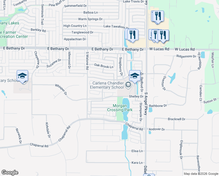 map of restaurants, bars, coffee shops, grocery stores, and more near 1712 Briarhollow Drive in Allen