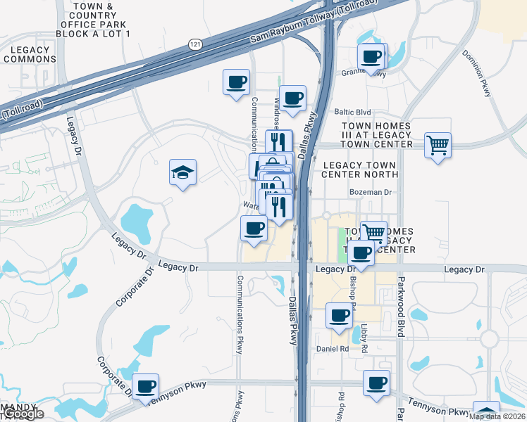 map of restaurants, bars, coffee shops, grocery stores, and more near 6080 Dancing Waters Road in Plano