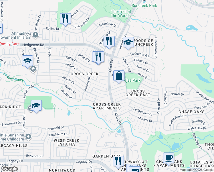 map of restaurants, bars, coffee shops, grocery stores, and more near 1100 Jabbet Circle in Plano