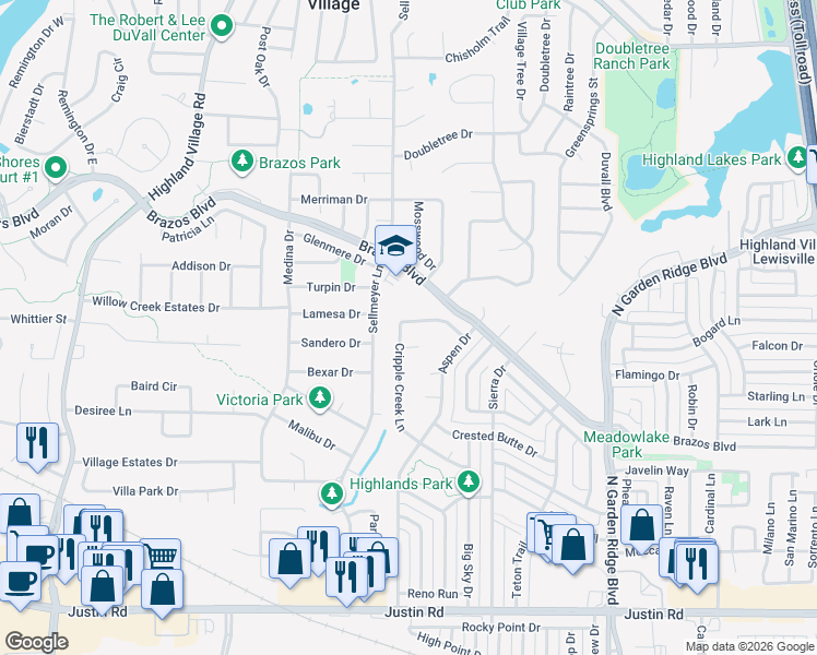 map of restaurants, bars, coffee shops, grocery stores, and more near 1634 Purgatory Pass in Lewisville