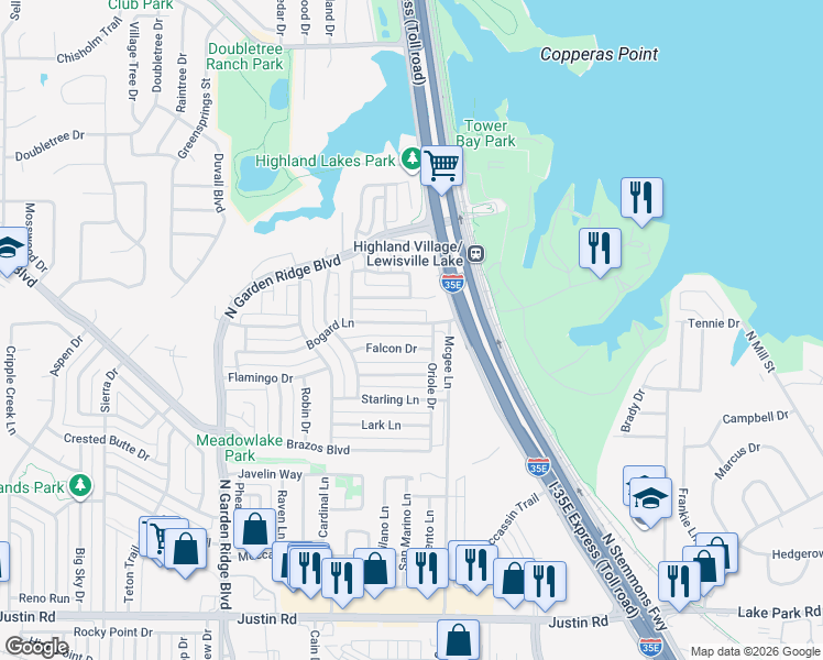 map of restaurants, bars, coffee shops, grocery stores, and more near 1320 Bogard Lane in Lewisville