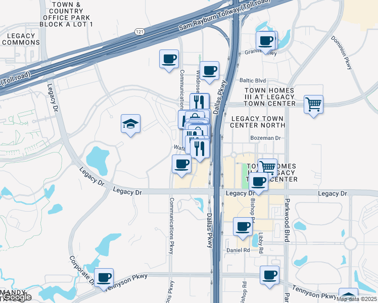 map of restaurants, bars, coffee shops, grocery stores, and more near 6080 Water Street in Plano