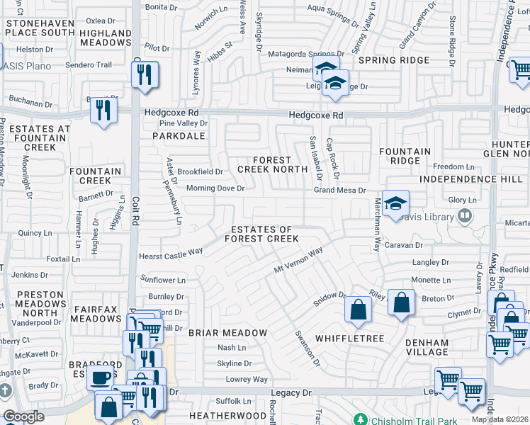 map of restaurants, bars, coffee shops, grocery stores, and more near 7640 Twelve Oaks Circle in Plano