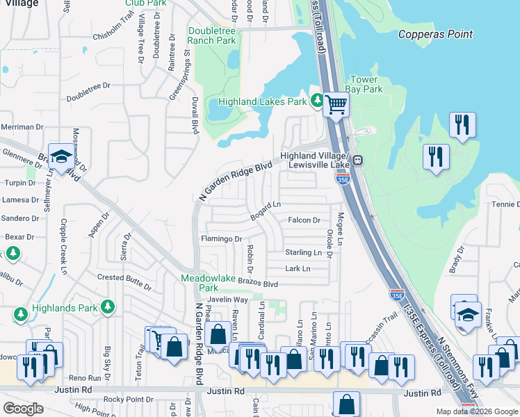 map of restaurants, bars, coffee shops, grocery stores, and more near 2204 Wren Lane in Lewisville