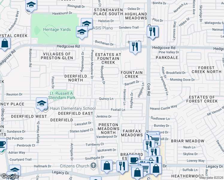map of restaurants, bars, coffee shops, grocery stores, and more near 4320 Cutter Springs Court in Plano