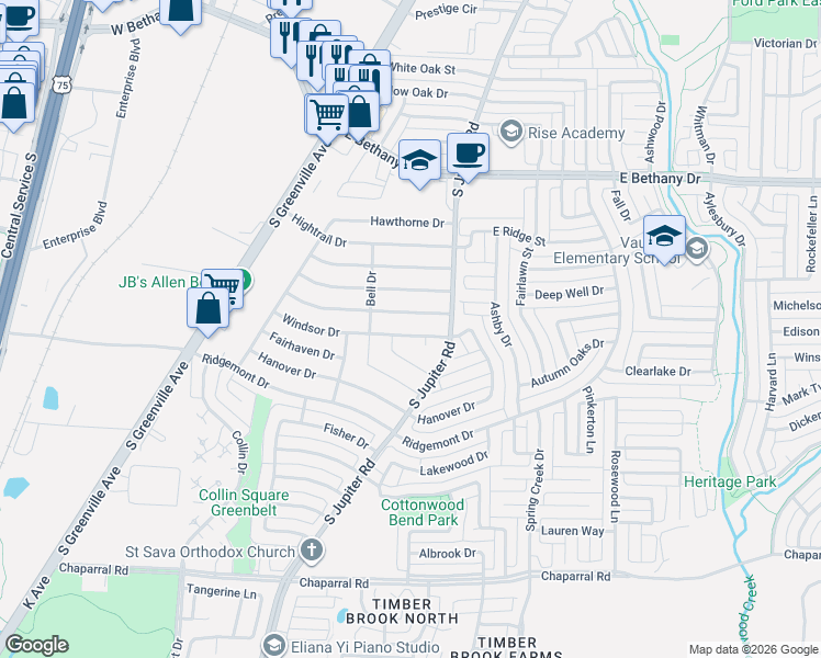map of restaurants, bars, coffee shops, grocery stores, and more near 568 Oldbridge Drive in Allen