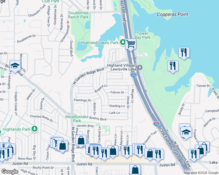 map of restaurants, bars, coffee shops, grocery stores, and more near 1332 Bogard Lane in Lewisville