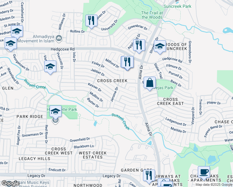 map of restaurants, bars, coffee shops, grocery stores, and more near 7612 Jerome Drive in Plano