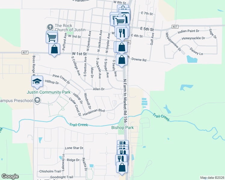 map of restaurants, bars, coffee shops, grocery stores, and more near 203 Allen Drive in Justin