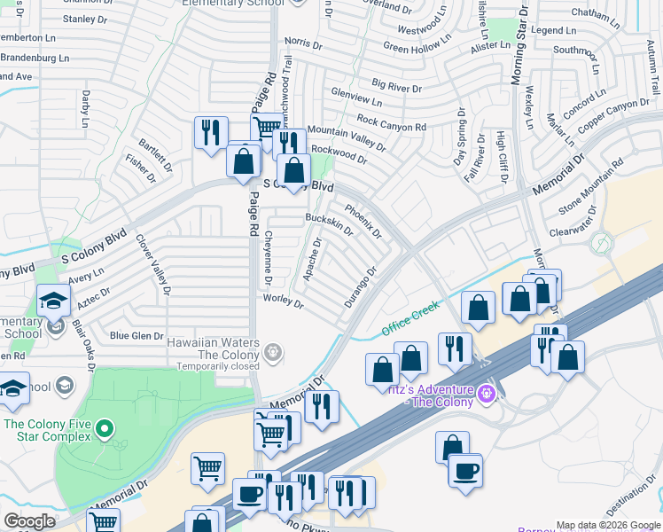 map of restaurants, bars, coffee shops, grocery stores, and more near 5512 Longhorn Drive in The Colony