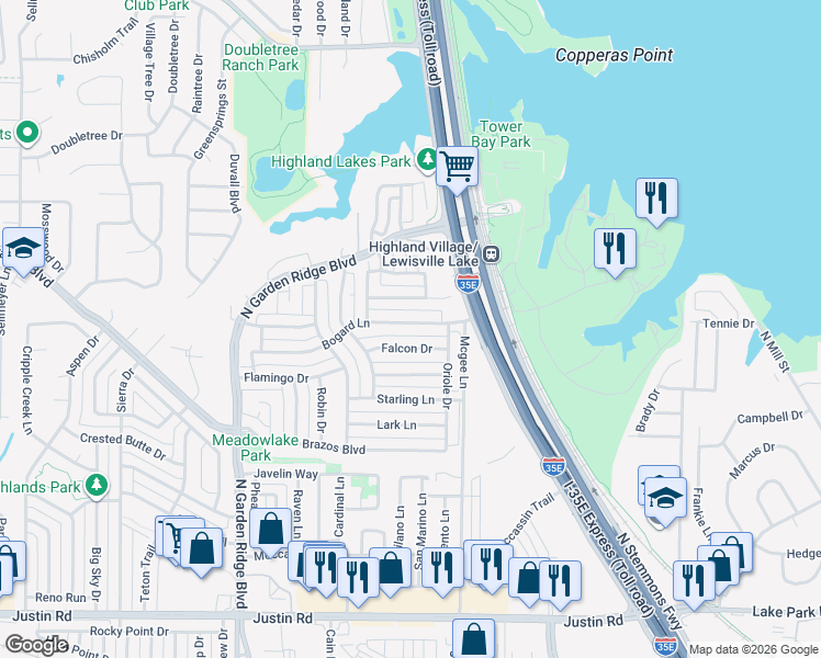 map of restaurants, bars, coffee shops, grocery stores, and more near 1320 Bogard Lane in Lewisville