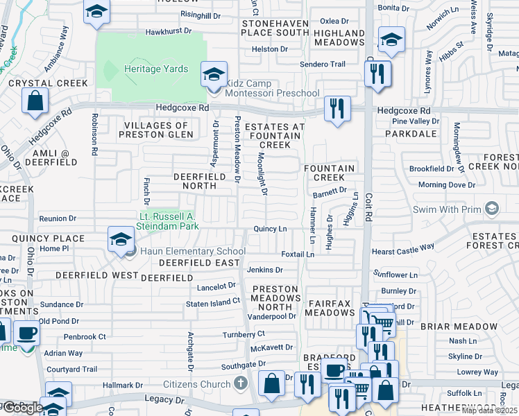 map of restaurants, bars, coffee shops, grocery stores, and more near 4404 Cutter Springs Court in Plano